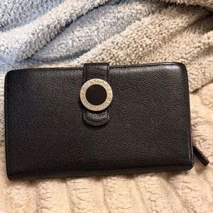 Bulgari Black Leather Wallet with Silver Logo Disc